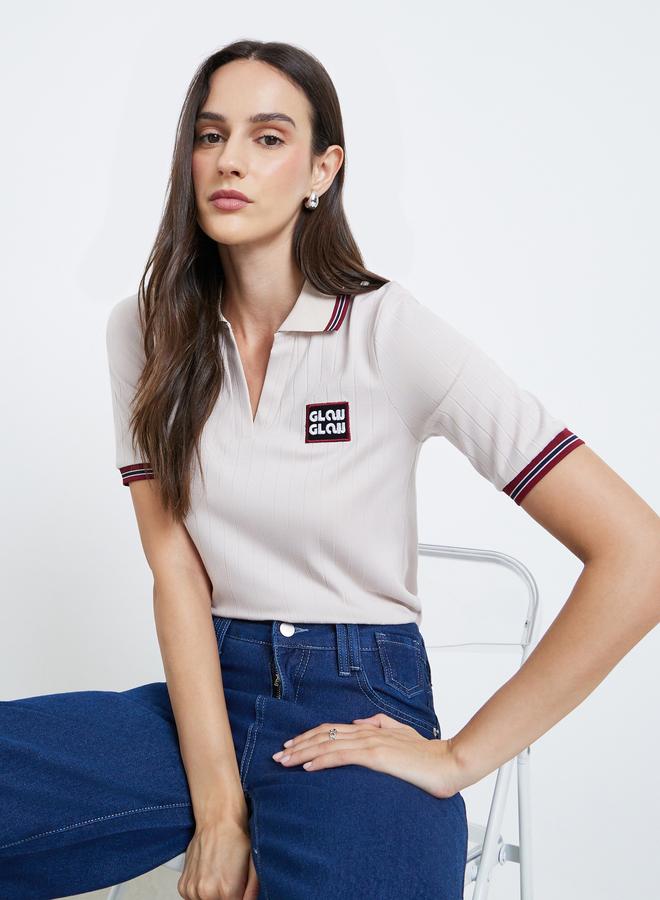 Styli Women Beige Contrast Tipping Polo T-Shirt - Image 3